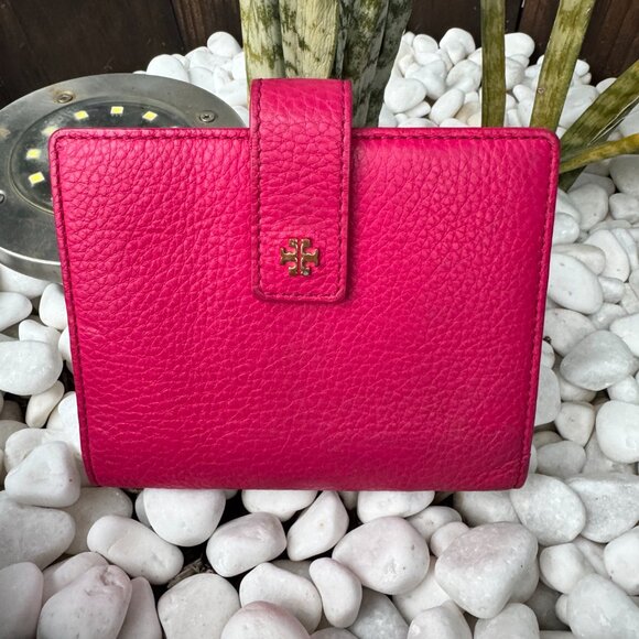 Tory Burch Robinson Pebbled Leather Snap Wallet - Hot Pink - Picture 2 of 8